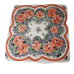 VTG 1960'S HANKIE ORANGE PURPLE ROSES FLOWERS COLORFUL BRIGHT POCKET SCARF